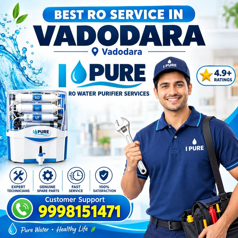 I PURE RO water purifier services in Vadodara, with a smiling technician and customer support number 9998151471